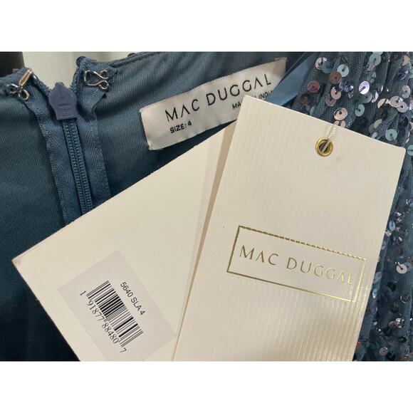 Mac Duggal Blue Draped Sleeve V-Neck Gown Slate Blue 5640 Size 4 NWT Sequins - Picture 9 of 16